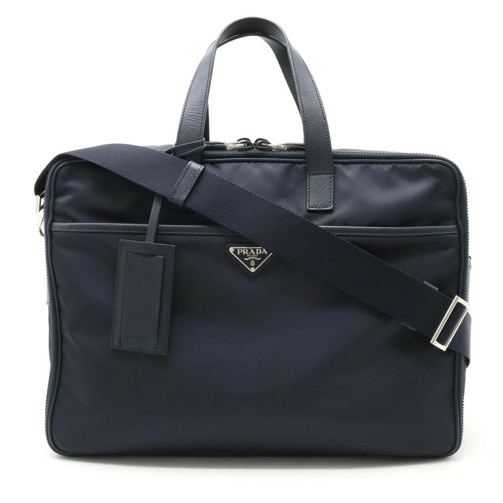 Prada Business Bag Briefcase Tessuto Shoulder Leather Blue Navy Blue